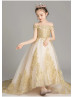 Off Shoulder Gold Lace Flower Girl Dress Birthday Girl Dress